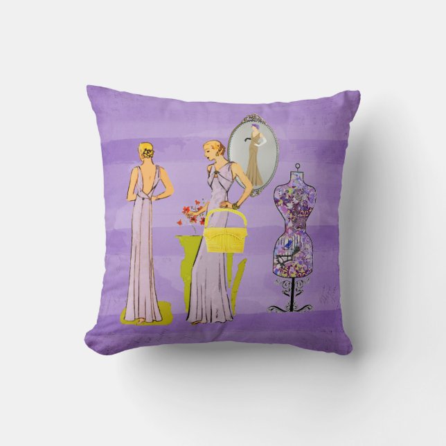 Vintage Damen Lila Blumenbekleidung Kissen (Vorderseite)