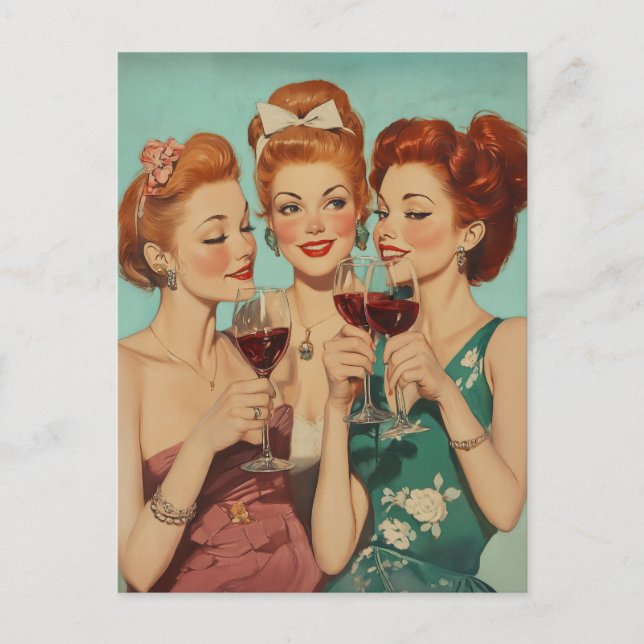 Vintage Damen Toasting mit Wein Postkarte (Vorderseite)