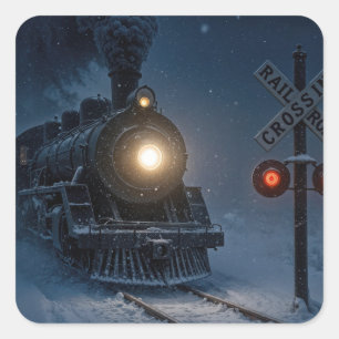 Vintage-Dampfmaschine Lokomotive im Winter Quadratischer Aufkleber