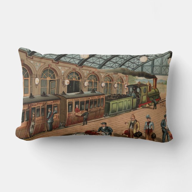 Vintage Dampfzug- und -stationsszene Lendenkissen (Vorderseite)