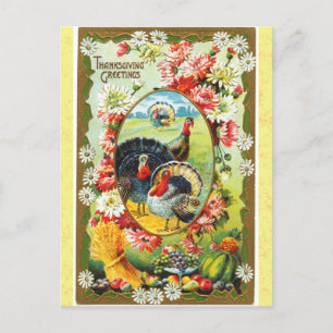 Vintage-Dankesgrüße Truthahn Floral Postkarte