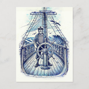 Vintage Darstellung eines Seeleuten am Helm Postkarte