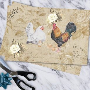 Vintage Decoupage Rooster Hühnchen Henne Floral Seidenpapier