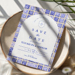 Vintage Delft Patchwork Wedding Save The Date<br><div class="desc">A timeless blue and white design inspired by classic Delft porcelain and French toile patterns. The patchwork tile border combines delicate florals, stripes, and ornamental motifs that evoke vintage European ceramics. A soft arched panel in the center keeps the layout refined and elegant while allowing the details of the porcelain-inspired...</div>