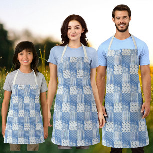 Vintage Denim Blau Cremeweiß Patchwork  Schürze