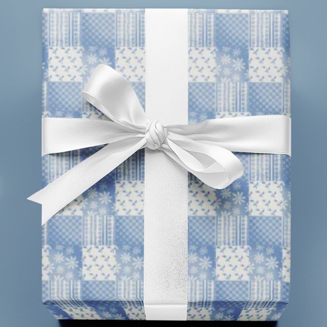 Vintage-Denim Blau Cremig Weiße Patchwork  Geschenkpapier (Fun patchwork  all occasion gift wrap!)