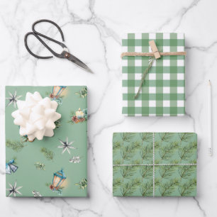 Vintage Designs, Gingham Karo und Kiefernzweig Geschenkpapier Set