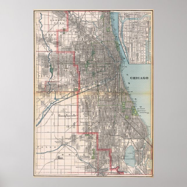 Vintage Detailed Chicago Map Poster 1895 (Devant)