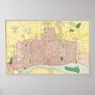 Vintage detaillierte Detroit-Stadtkarte 1912 Poster