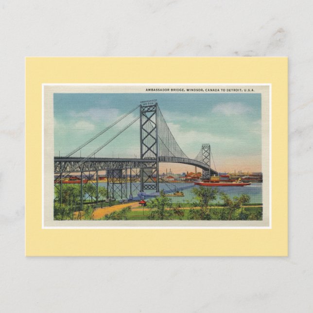 Vintage Detroit Botschafter, Bridge Windsor Kanada Postkarte (Vorderseite)