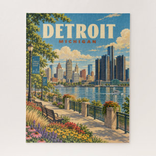 Vintage-Detroit-Michigan-Wasserfront-Reiseposter 