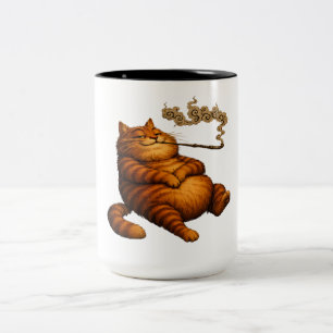 Vintage dicke orange Katze raucht Pfeife Cozy Art Zweifarbige Tasse