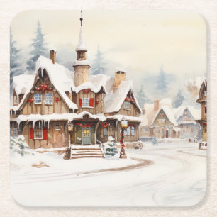 Vintage Digitaldorf an einem Weihnachtstag. Rechteckiger Pappuntersetzer