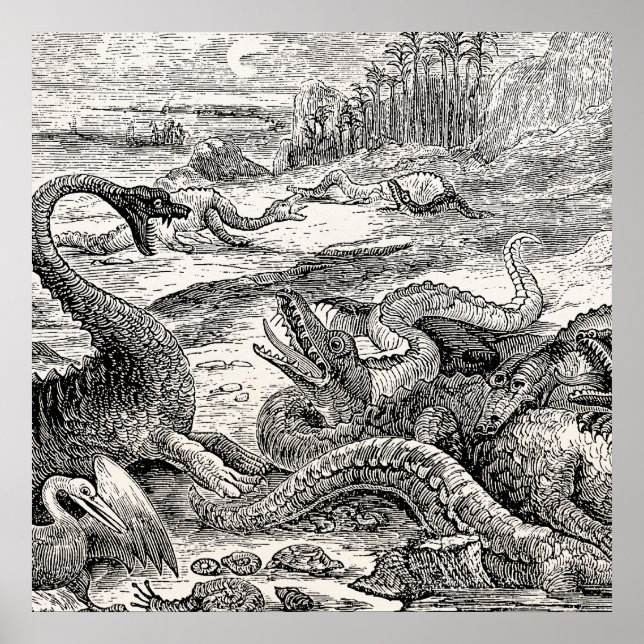 Vintage Dinosaurier-Illustration der 1800er Jahre  Poster (Vorne)