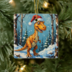 Vintage-Dinosaurier mit Weihnachtsmannmütze Weihna Keramikornament