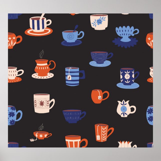 Vintage Doodle Cups Nahtloser Hintergrund Poster (Vorne)