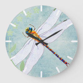 Vintage Dragonfly on Faded Floral Background Große Wanduhr