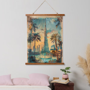Vintage Dubai Burj Khalifa Skyline Blick  Wandteppich Mit Holzrahmen