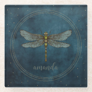 Vintage dunkelblaue Himmelsleuchte Mystische Libel Glasuntersetzer