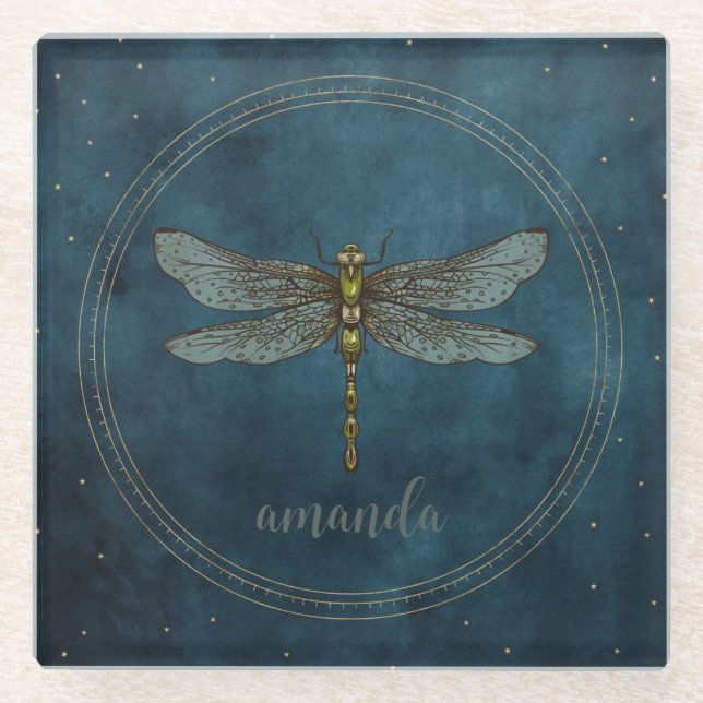 Vintage dunkelblaue Himmelsleuchte Mystische Libel Glasuntersetzer (Vorderseite)
