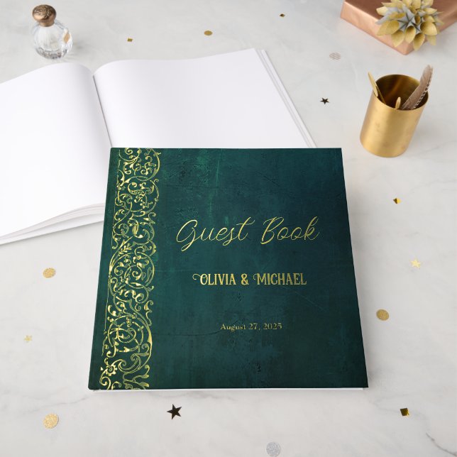 Vintage Dunkelgrüne Hochzeit Gästebuch (Vorderseite Offen)