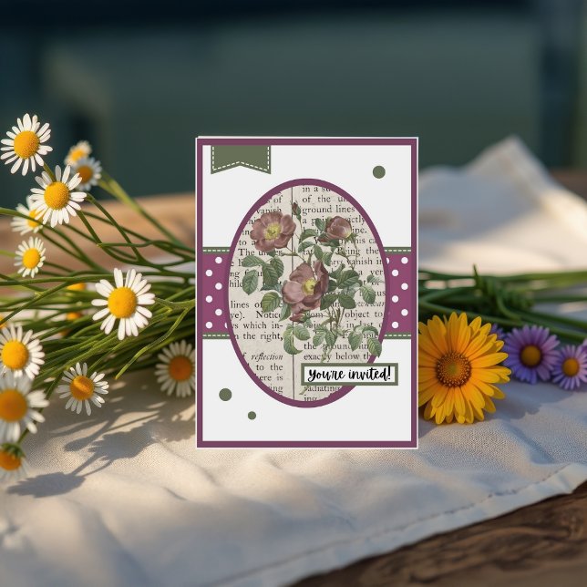 Vintage dunkelrosa Rose Details auf der Rückseite Einladung (Von Creator hochgeladen)