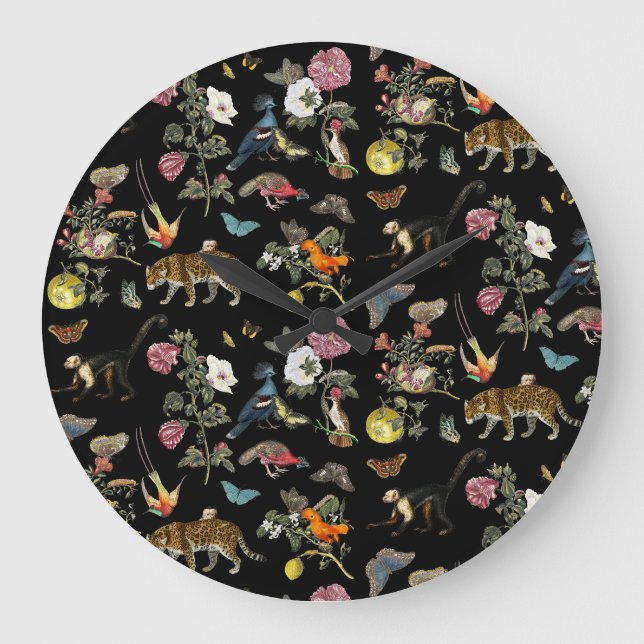 Vintage dunkle botanische Wildtiere im Wald Große Wanduhr (Vorderseite)