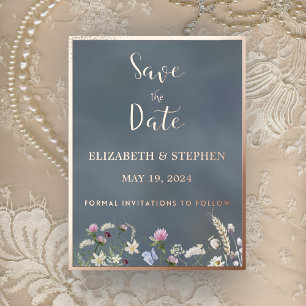 Vintage Dusty Blue Floral Foil Économisez La Carte