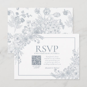 Vintage Dusty Blue Floral Line Art QR Code RSVP