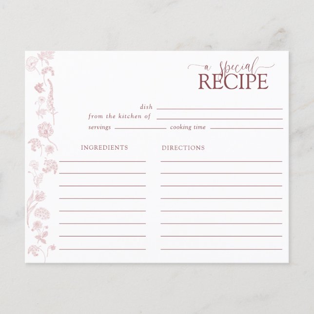 Vintage Dusty Rose Blumenschrift-Rezept-Karte (Vorderseite)