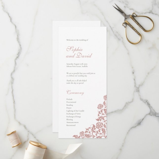 Vintage Dusty Rose Pink Lace Wedding Programm (Vorderseite/Rückseite Beispiel)