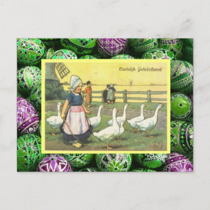Vintage Easter, Dutch girl with geese, windmill Feiertagspostkarte