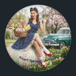 Vintage Easter Pin-Up Magnet | Sweet Spring<br><div class="desc">Add a retro touch to your kitchen with this high-quality refrigerator magnet. Featuring a charming pin-up girl on a giant Easter egg, this design brings 1950s spring nostalgia to your home. Please note: This artwork was created with the help of AI . The text is fully customizable — you can...</div>