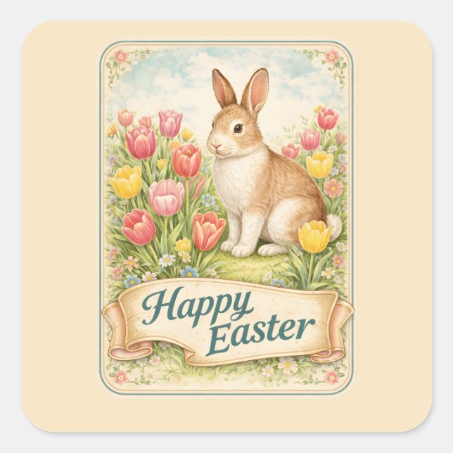 Vintage Easter Rabbit Quadratischer Aufkleber (Vorderseite)