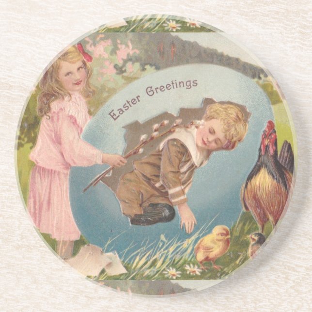 Vintage Easter Victorian Girl & Boy Sandstein Untersetzer (Vorne)