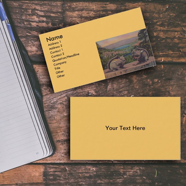Vintage Eichhörnchen Bergszene Visitenkarte (Cute chipmunks sitting on tree stump in forest with lake on golden yellow business cards.)