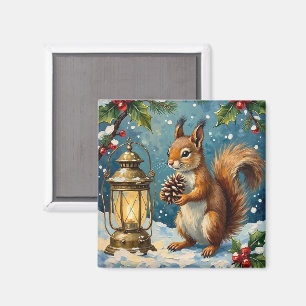 Vintage Eichhörnchen mit Weihnachtslaterne Winter Magnet