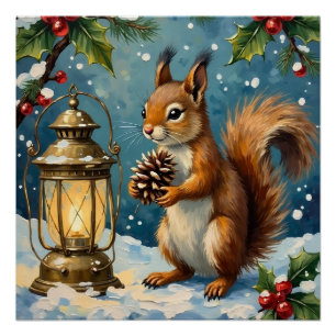 Vintage Eichhörnchen mit Weihnachtslaterne Winter Poster