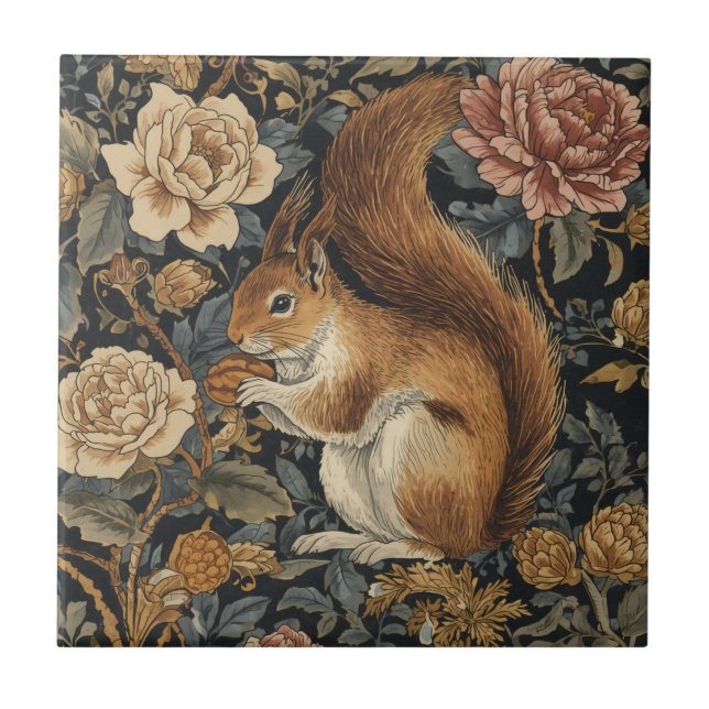 Vintage Eichhörnchen- und Blumenmuster Fliese (Vorderseite)