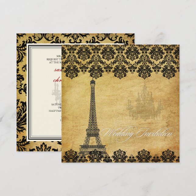 VINTAGE EIFFEL-TOWER/VANILLA-WIRBEL EINLADUNG (Vorne/Hinten)