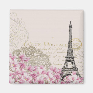 Vintage Eiffelturm mit rosa Wildblumen Magnet