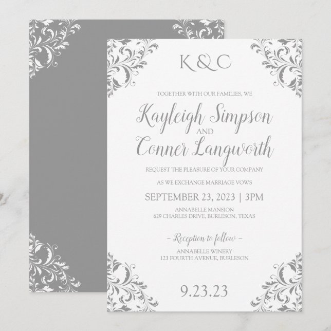 Vintage Einladung zur Hochzeit | Grau (Vorne/Hinten)