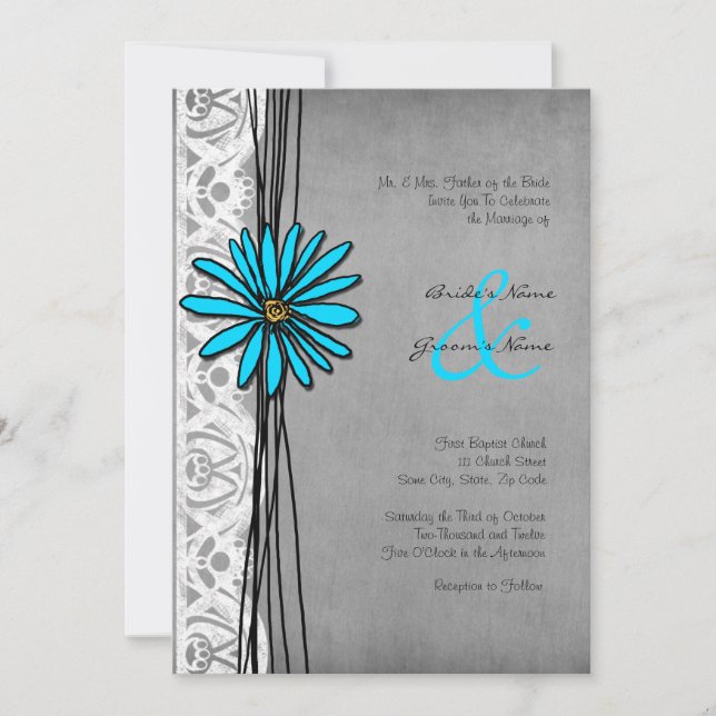 Vintage Einladung zur Hochzeit in Grau und Blau (Vorderseite)