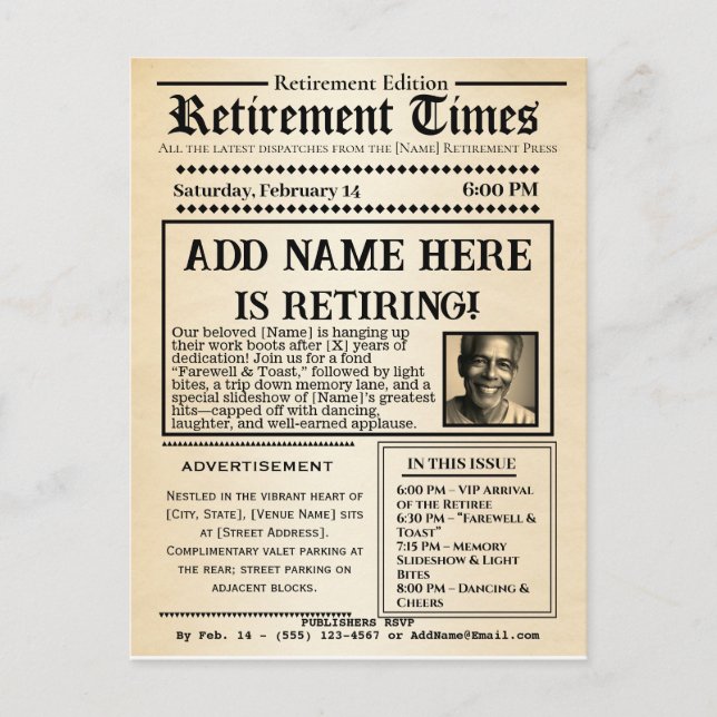 Vintage Einladung zur "Ruhestandszeit" Postkarte (Vorderseite)