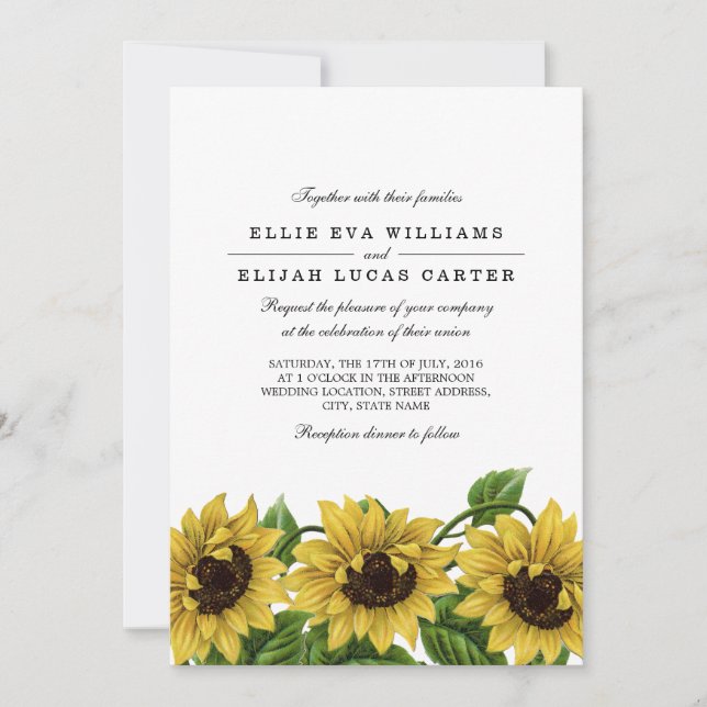 Vintage Einladung zur Sonnenblumenhochzeit (Vorderseite)