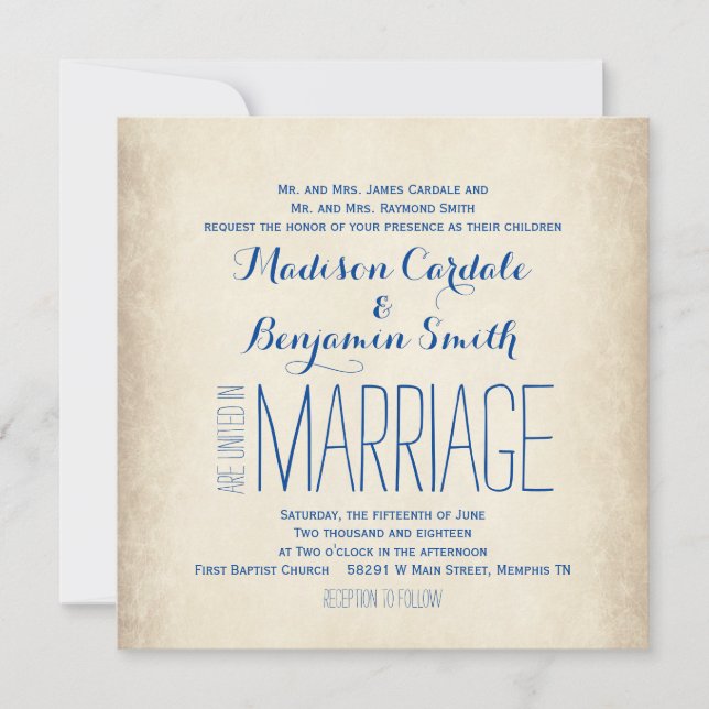 Vintage Einladungen zu Hochzeiten in Creme und Blu (Vorderseite)