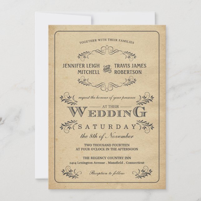 Vintage Einladungen zu Parchment-Hochzeiten (Vorderseite)
