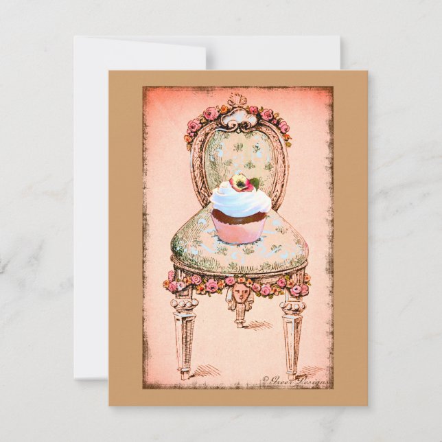 Vintage Einladungskarte für Cupcake und Stuhl (Vorderseite)