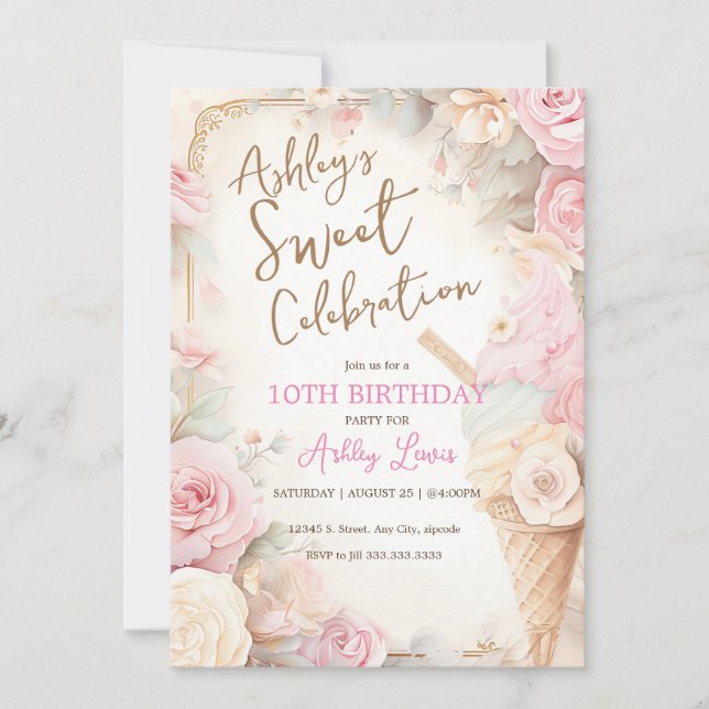 Vintage Eiscreme-Kegel, rosafarbenes Eis Einladung (Vorderseite)