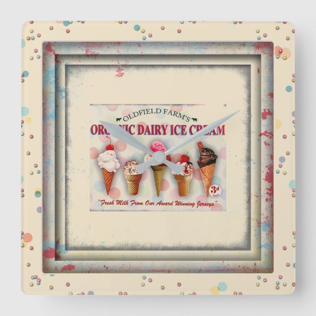 Vintage Eisdiele Quadratische Wanduhr (Vorderseite)